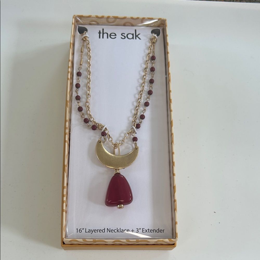 The Sak Gold Tone and Burgundy Beaded Layered Necklace NWT